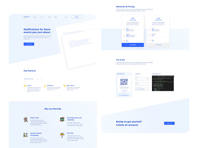 Nanotify Landing Page blue clean crypto currency cryptocurrency design development landingpage minimal nano nanotechnology product product design simple web