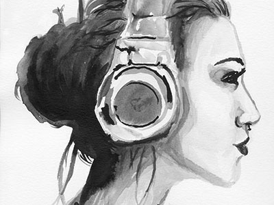 Headphone Hipster girl hair headphones illustration ink inkwash portrait profile watercolor woman