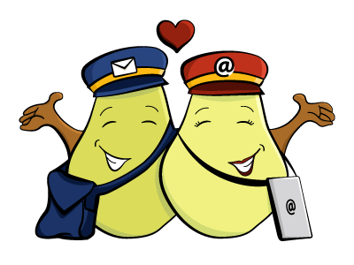 The Adventures of Mail Man and Email Girl bag couple email laptop list love mail mail bag messenger bag pair pear pears