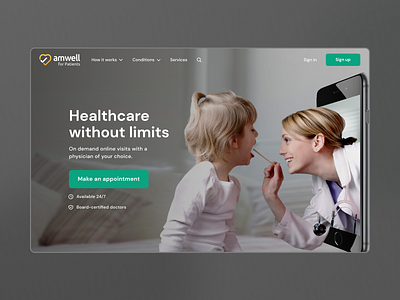 Redesign Amwell for patients appointment challenge design doctor figma figmadesign hero banner hero image hero section landing page medical online redesign ui ux webdesign webdesigner