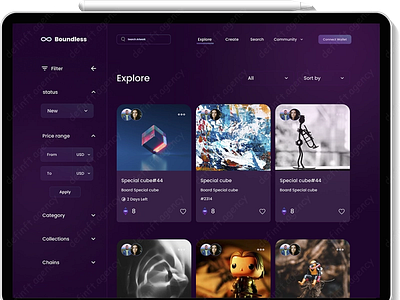 Boundless NFT Marketplace 3d blender blockchain boundless crypto design erc721 fantom graphic design illustration logo nft marketplace.💜 photoshop typography ui ux vector