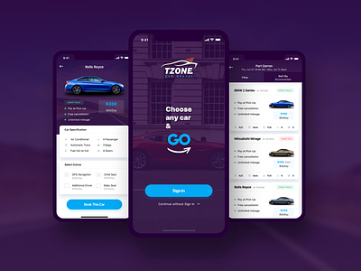 Tzone – Car Rental App app automotive booking car clean company corporate rental sketch ui