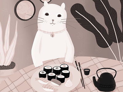 Splendid feast - Monochrome Month '20 cat dining feast illustration monochrome sushi