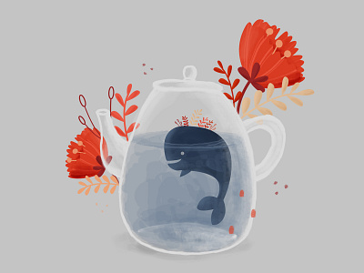 Teapot Whale flowers grey happy inkblue orange orangeandgrey teapot whale