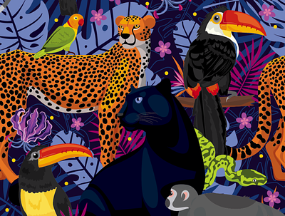 Felinos colors digital art flowers illustration jaguar natural print puma toucan tropical vector vectorart