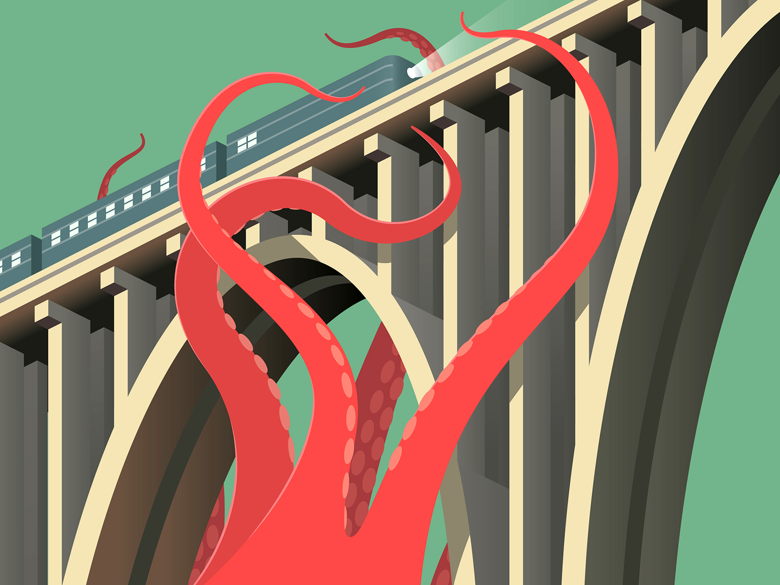 Giant Squid bridge illustration isometric monster squid train vector vintage