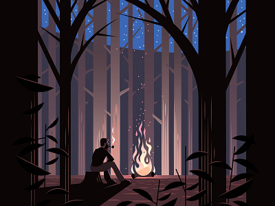 Campfire campfire camping forest illustration night stars trees vector woods