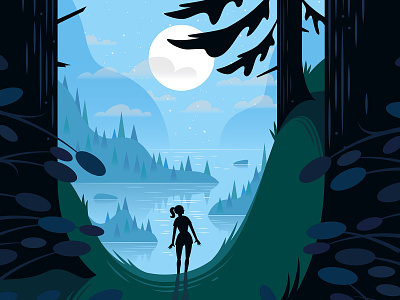 Inlet 2 bay fjord forest hike illustration lake nature night pines stars trees vector woods