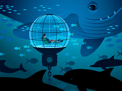 Undersea diver dolphin fins fish illustration underwater vector whale