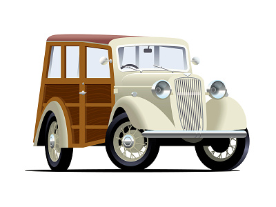 Austin 10 Cambridge Woody classic car illustration isometric vector vintage