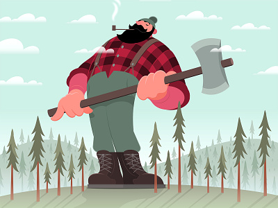 Paul Bunyan axe caricature illustration landscape lumberjack portrait vector woods