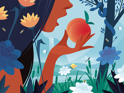 Eve bible eden flowers fruit illustration nature paradise peach vector