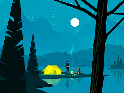 Tent campfire camping lake moon mountains night tent trees
