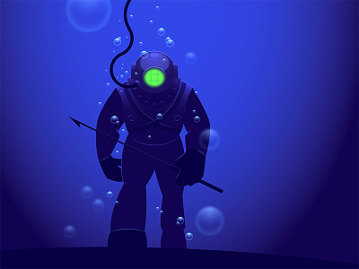 Diver creepy illustration ocean under water vector vintage