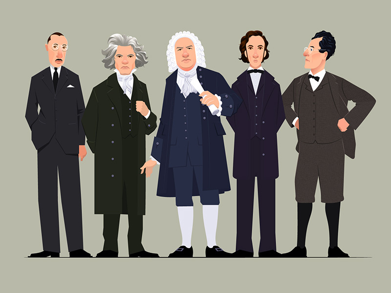 Composers vector portraits classical music mahler chopin bach beethoven stravinsky