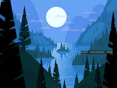 Inlet bay fjord illustration inlet moon nature night train vector water woods