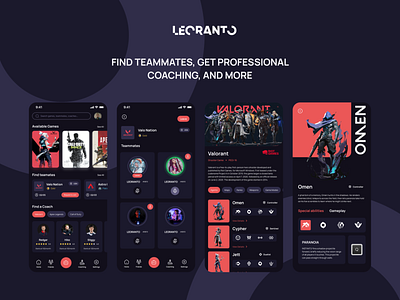 Gaming app - Find teammates, Get pro Coaches and More app dark mode dark theme design gaming gaming app mobile app ui ui design