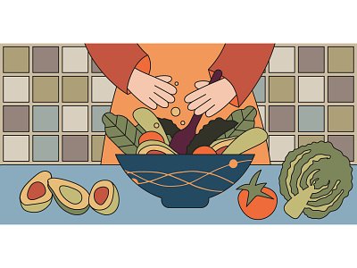 Girl in the kitchen prepares a salad. Women Cooking healthy food avocado bowl breakfast chef cook dinner flat food hands illustration kitchen lifestyle meal people vegetable