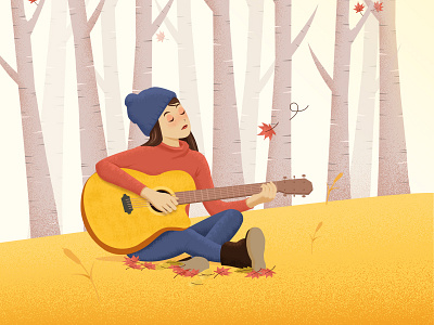 autumn autum girl guitar maple leaf tree woman