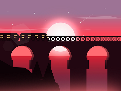 The Bridge bridge flat gradient landscape sea sunset train