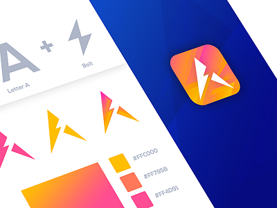 A Bolt | logo concept a logo app icon bolt logo design gradient colorful yellow icon light lights lightning mark negative space