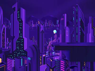 Crpto City bitcoin blockchain character city crypto cryptocurrency girl gradient illustation neon night