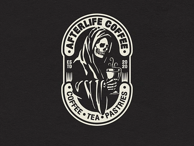 Afterlife Coffee badge badgelogo coffee death design graphic design grim reaper grimreaper hand drawn illustration logo negative space skeleton skull logo