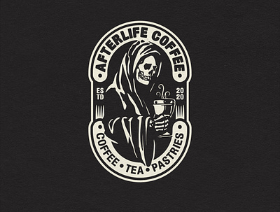 Afterlife Coffee badge badgelogo coffee death design graphic design grim reaper grimreaper hand drawn illustration logo negative space skeleton skull logo
