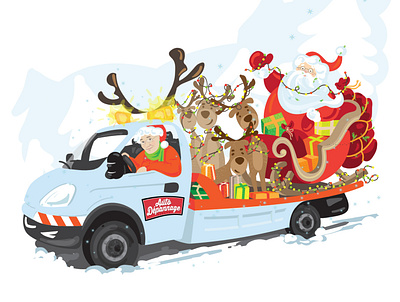 Santa is arriving with a little help from a friend! carandtrailer christmas christmasart christmascards greetingcards illustration reindeer santa