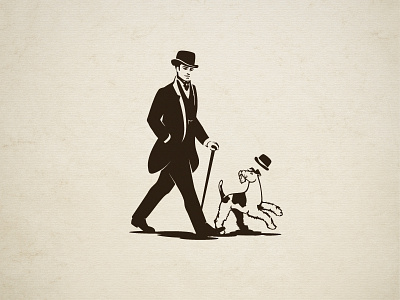 Englishman And His Little Dog bowler hat dog dynamic gentleman hat illustrative logo retro stylish vintage