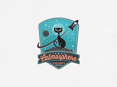 Catmosphere badge cafe cat crest logo retro rocket shield space star vintage