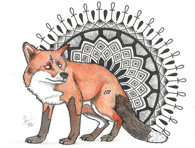 Ankh Mandala Fox acrylic animal design fox graphic design handmade illustration ink mandala pencil