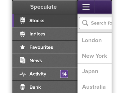 Speculate slide menu activity app badge bank favourites indices ios iphone news profile simple slide menu speculate stocks ui user interface