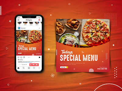 This is social media design ads. You can use this kind of poster delicious dishes eye catchy fast food food app home delivery restaurant promotion