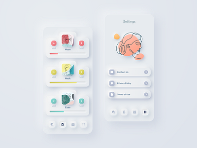 Face Fitness - Neumorphism App Design app application categories clean design face facial fitness gradient graphic ios level menu neumorphism settings skeumorphism soft tab bar ui unway