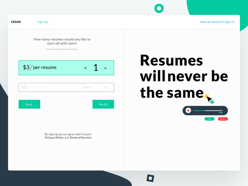 Sign Up - Cezan web app sign up resume builder desktop web confirmation interface ui dashboard payment form resume