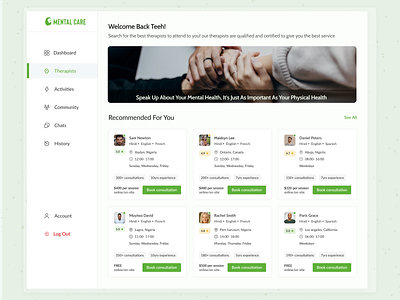Mental Care Dashboard- Therapists section dashboard health health care health care dashboard health website mental health mental health dashboard therapist therapists ui ui design ui ux web page web ui website