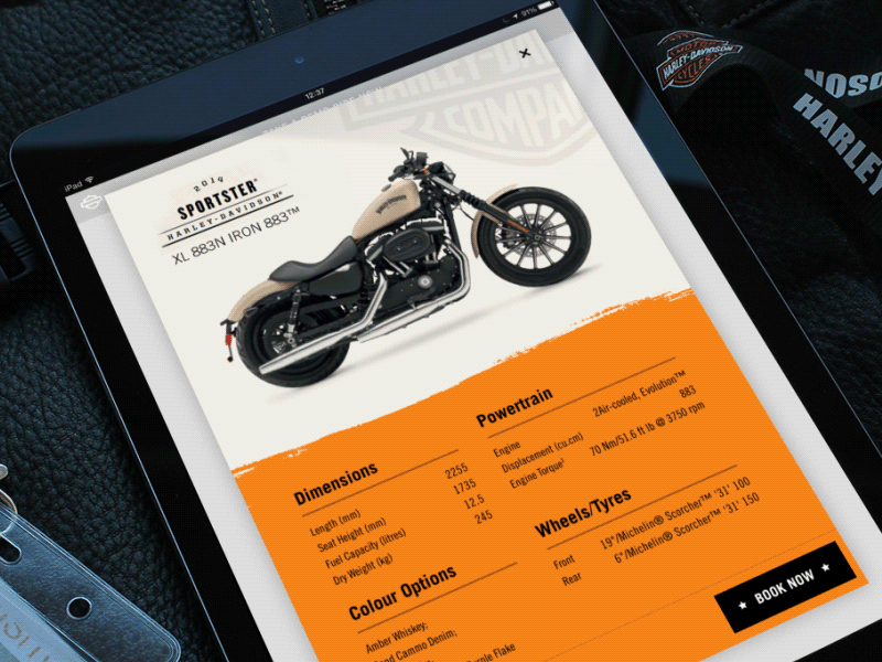 Harley Davidson animation booking dark design gif harley ipad motorcycle orange popup ui ux