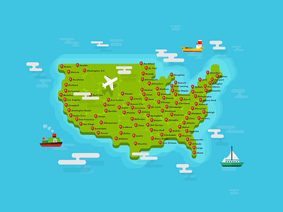 The United States america boats clouds country flat flatdesign illustraion map mapping maps ocean states travel u.s.a. united states