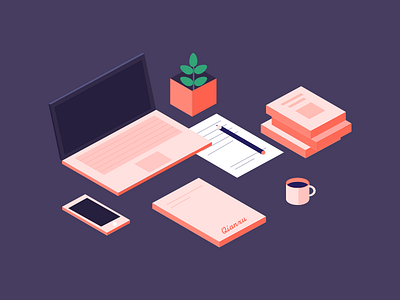 Desk book coffee desk illustration isometric laptop paper