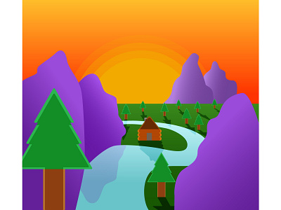 Cabin by the river art cabin flat illustration illustrator minimal mountains sunset vector