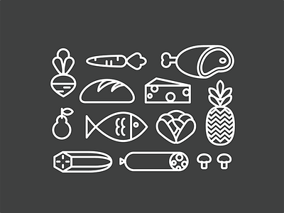 Grocery Bag Icons bag carrot cheese fish grocery icons illustration meat mushroom pineapple sausage vegetables