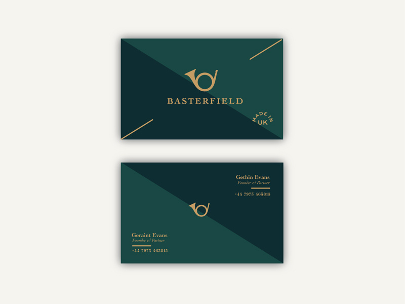 Basterfield cards gold green identity logo branding bugle cards business cards basterfeld