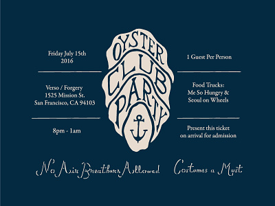 Oyster Club Party Invite II hand-drawn illustrations invitation invite lettering menu navy oyster schedule