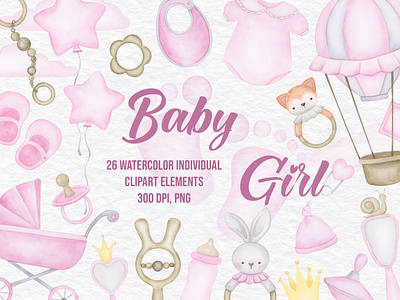 Girl baby shower watercolor elements collection
