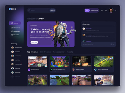 Game Stream Dashboard design ui ux