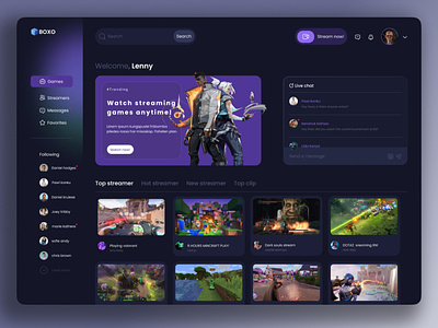 Game Stream Dashboard design ui ux