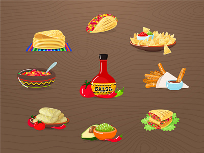Set of mexican food icons 2d burrito cartoon churros food icon illustration mexican nachos salsa tamales tortillas vector