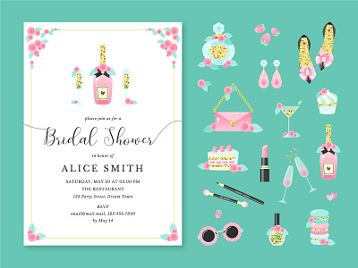 "In Style" - set of design elements. 2d bridal show cartoon champagne cute fashion femininity girl icon illustration in style lifestyle sticker stylish vector