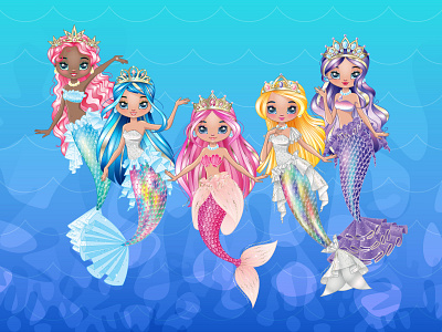 Mermaid princesses 2d cartoon character character design children cute girl illustration mermaid packaging playset princess underwater vector